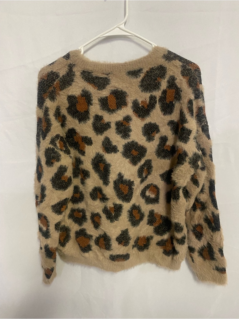 Time and Tru Fuzzy Leopard Print Crewneck Sweater - Tan, Black, Brown